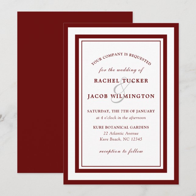 Invitación Moderno Boda simple de la frontera blanca roja de  (Anverso / Reverso)