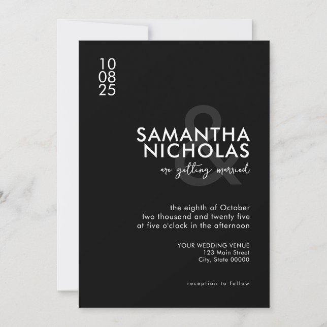 Invitación Moderno Boda simple en blanco y negro (Anverso)