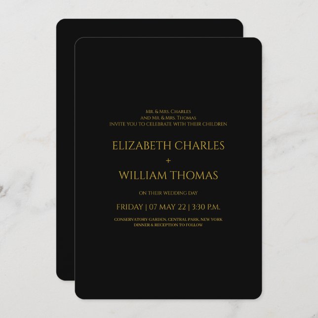 Invitación Moderno Boda simple negro y dorado (Anverso / Reverso)