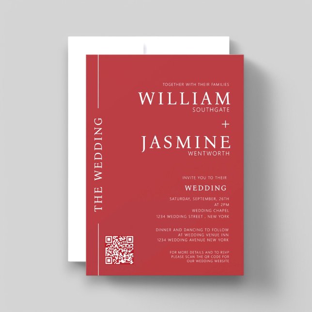 Invitación Moderno boda todo en uno de código QR limpio y lim (modern minimalist red and white wedding invitation with wedding website qr code link , minimal bride)