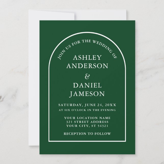 Invitación Moderno Boda Verde Arco Elegante (Anverso)