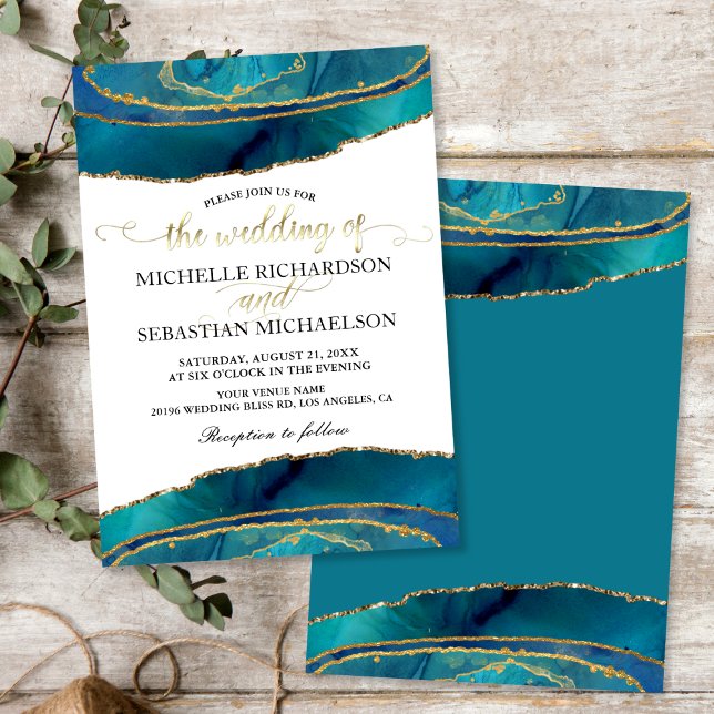 Invitación Moderno Boda Verde azulado de acuarela Gold Agate (Modern Teal Watercolor Gold Agate Wedding Invitation)