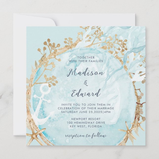 Invitación Moderno Boda Verde azulado de oro verde costero ná (Anverso)