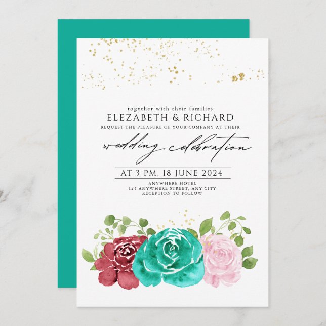Invitación Moderno Boda Verde azulado de vegetación floral ro (Anverso / Reverso)