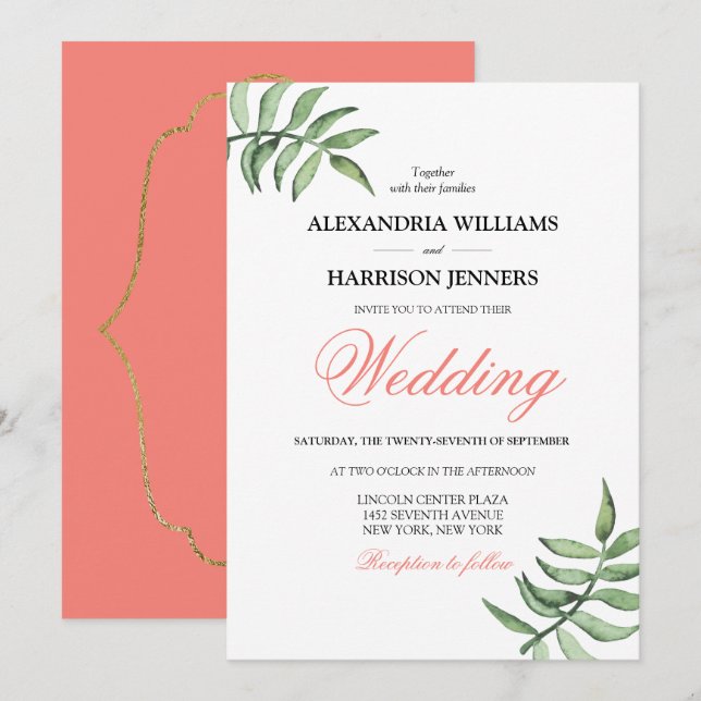 Invitación Moderno Boda Verde Coral Botánico Mínimo (Anverso / Reverso)