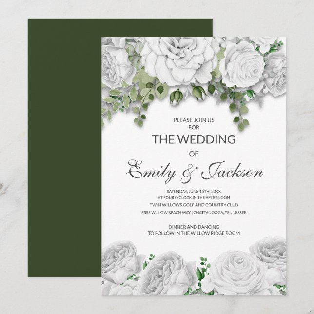 Invitación Moderno Boda Verde Floral Blanco Elegante (Anverso / Reverso)