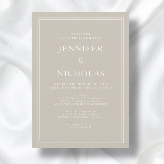 Invitación Moderno Boda virtual elegante de Taupe Beige ( Modern Elegant Formal Taupe Beige Virtual Wedding Invitation)