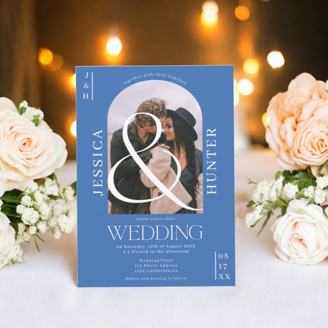 Invitación Moderno boho arco 2 fotos boda azul retro (Modern boho arch 2 photos wedding retro blue invitation)