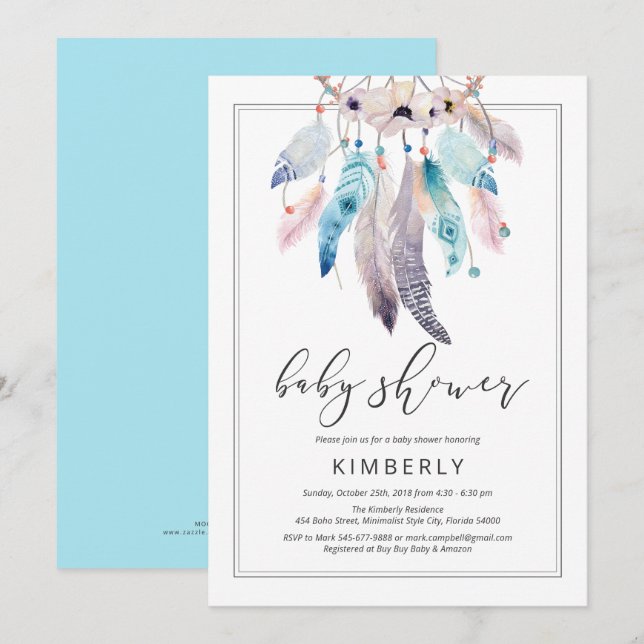 Invitación Moderno Boho Baby Shower Dreamcatcher Floral Triba (Anverso / Reverso)