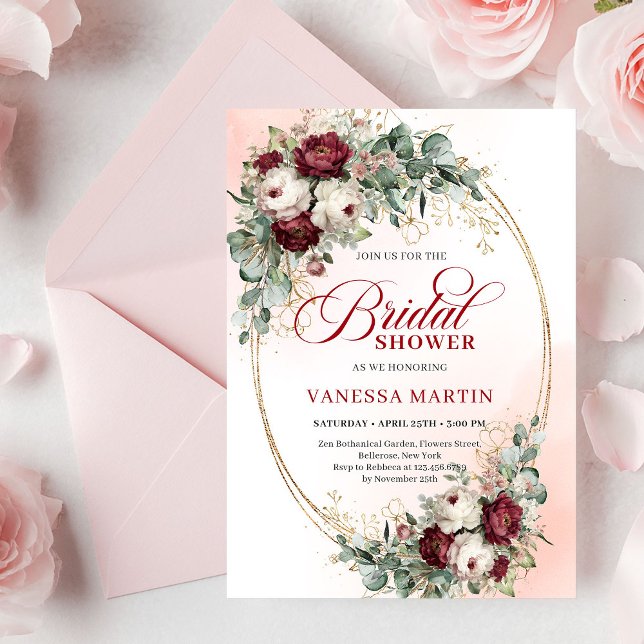 Invitación Moderno Boho Borgoña Dorado Eucalipto Despedida de (Modern Burgundy Gold Eucalyptus Bridal Shower Invite)