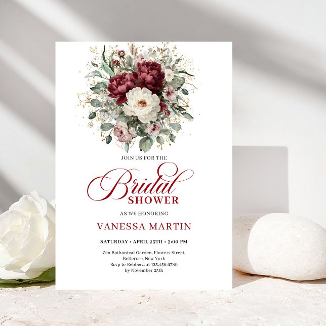 Invitación Moderno Boho Borgoña Eucalipto Boda de Novia (Modern Boho Burgundy Eucalyptus Gold Bridal Shower Invitation)