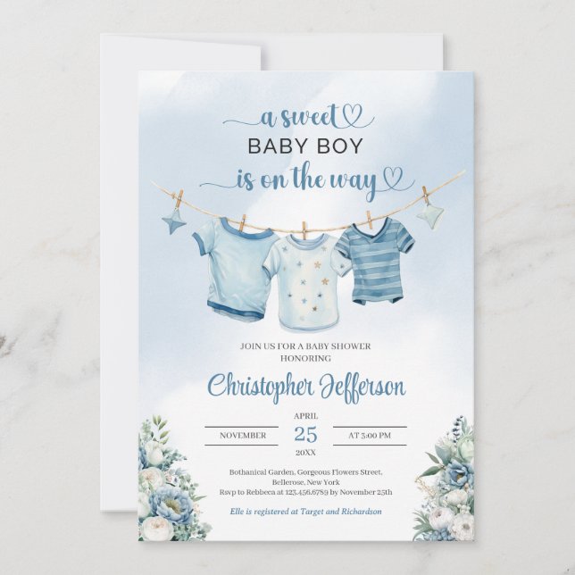 Invitación Moderno Boho Boy Baby Shower Nursery Clothes (Anverso)