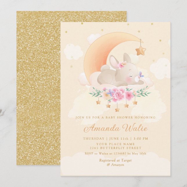 Invitación Moderno Boho Cute Watercolor Bunny Chica Baby Show (Anverso / Reverso)