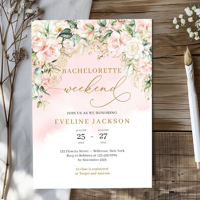Invitación Moderno Boho dorado floral purpurina soltera (Elegant blush pink roses eucalyptus gold sparkles bachelorette weekend invitation template)