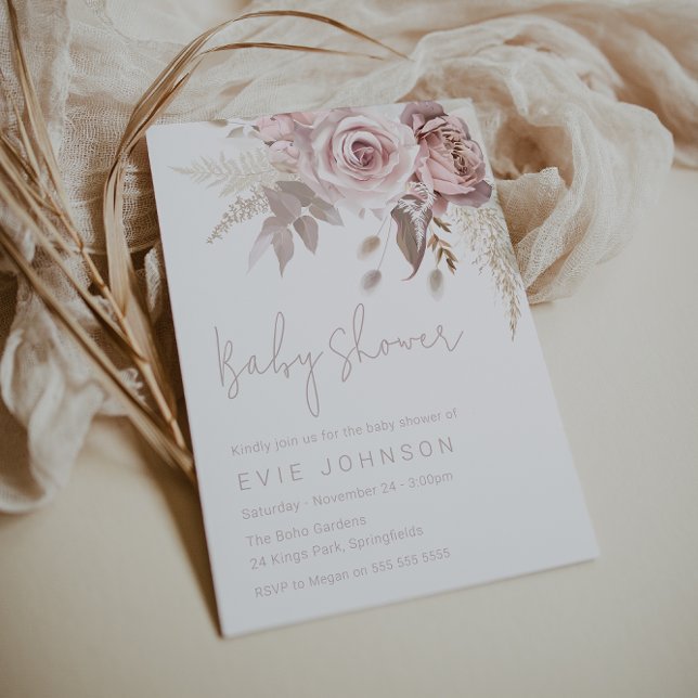 Invitación Moderno Boho Dusty Rosa y Rubor Floral Baby Shower (Subido por el creador)