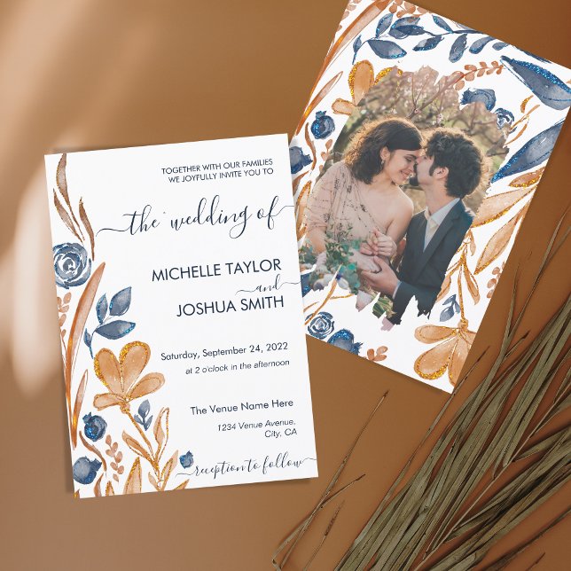 Invitación Moderno Boho Flor silvestre Terracotta Marina Azul (Subido por el creador)