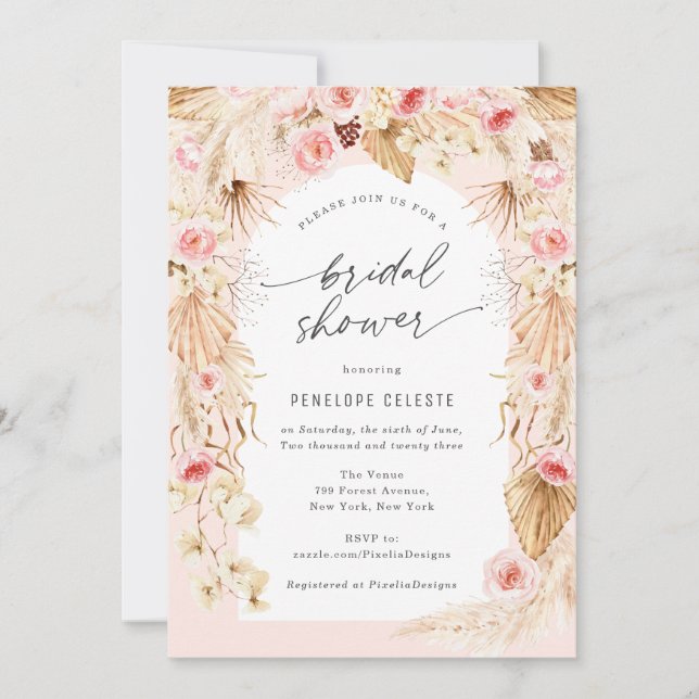 Invitación Moderno Boho Floral Arch pampas césped novia Ducha (Anverso)