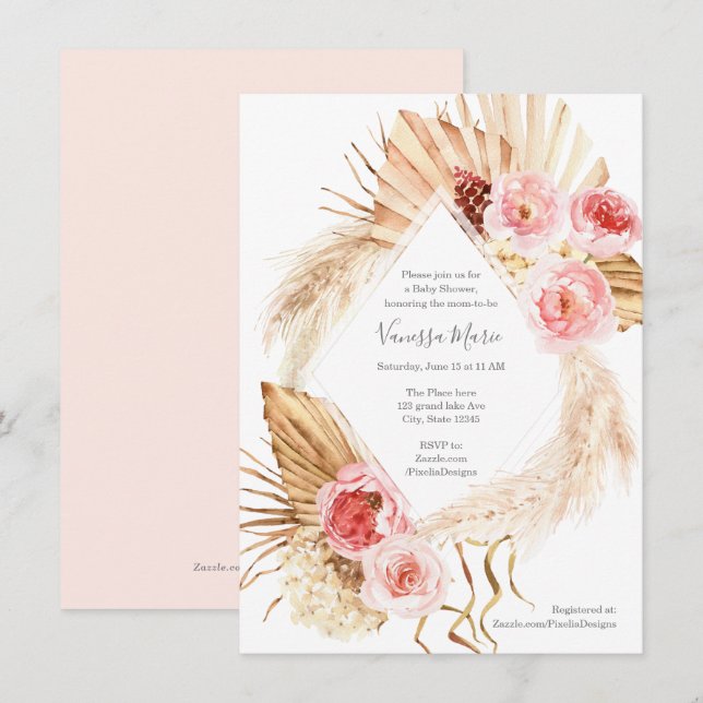 Invitación Moderno Boho floral pampas de pasto ducha bebé (Anverso / Reverso)