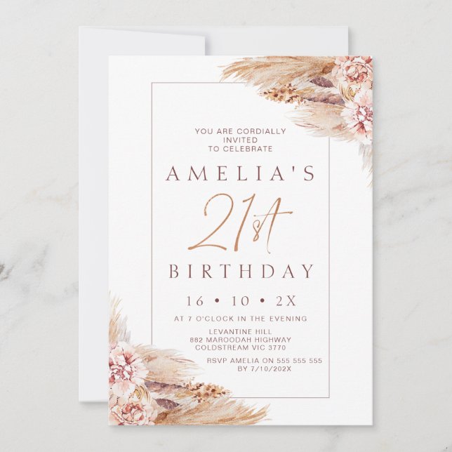 Invitación Moderno Boho Floral Pampas Grass 21º cumpleaños (Anverso)