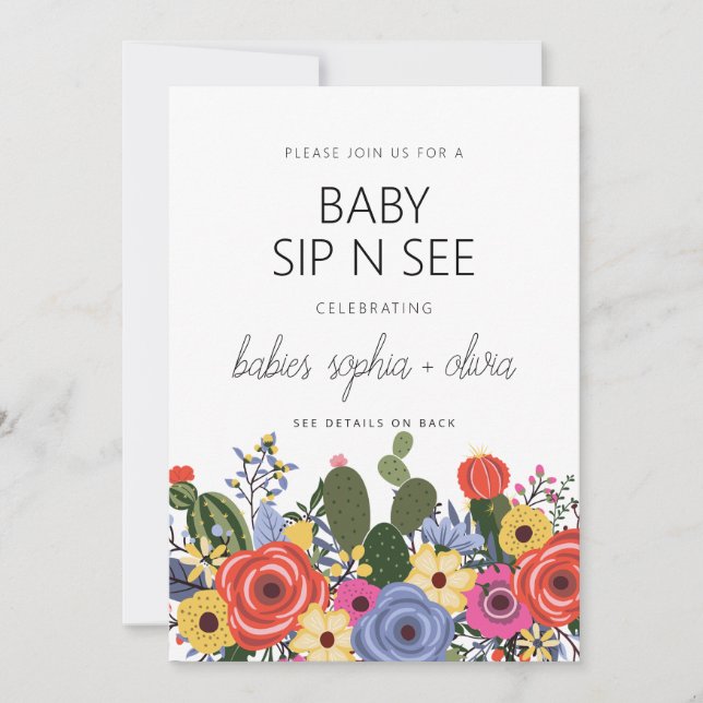 Invitación Moderno Boho Floral Twin Baby Sip Y Ver (Anverso)