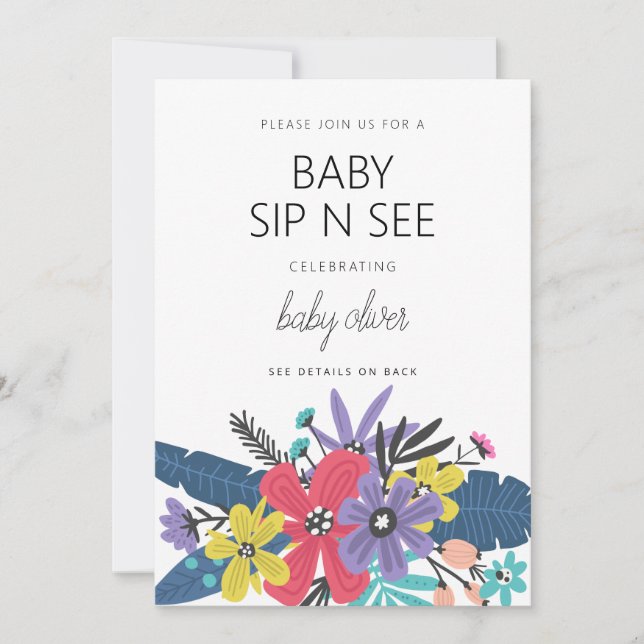 Invitación Moderno Boho Flores Boy Baby Sip Y Ver (Anverso)