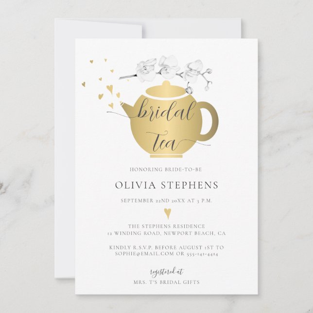 Invitación Moderno Boho Gold Hearts Orchids Floral Bridal Tea (Anverso)