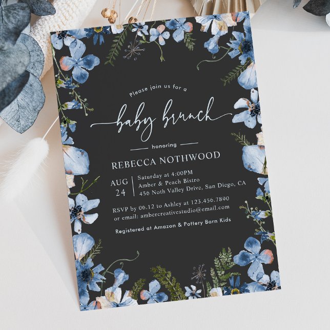Invitación Moderno Boho Gray Blue Floral Baby Brunch Ducha (Subido por el creador)