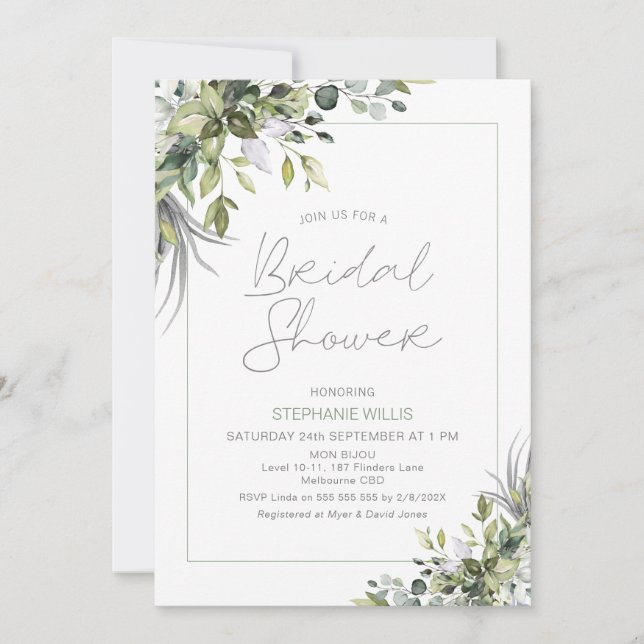 Invitación Moderno Boho Greenery Foliage Bridal Shower (Anverso)