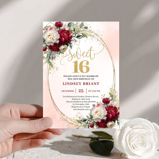 Invitación Moderno Boho Merlot Dorado Floral Dulces Dieciséis (Modern Boho Merlot Gold Floral Sweet Sixteen Invite)