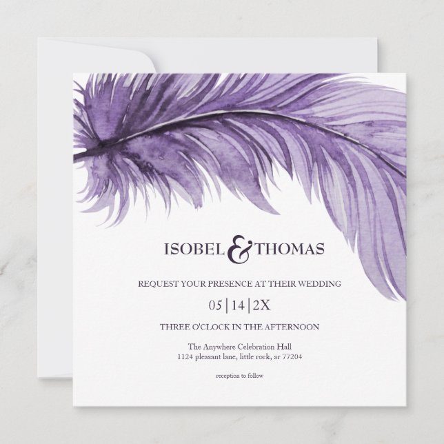 Invitación Moderno Boho morado Feather Whimsical Boda (Anverso)