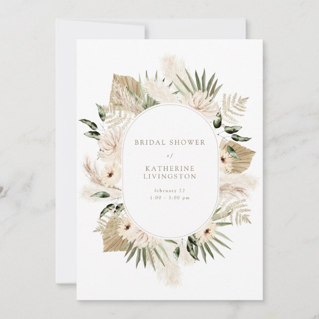 Invitación Moderno Boho Pampas Cabeza de novia de texto blanc (Anverso)