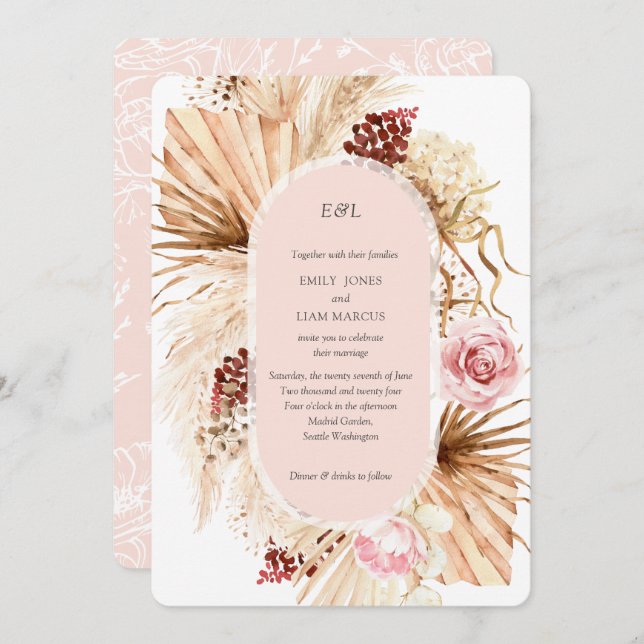 Invitación Moderno Boho Pampas Grass Floral Arch Rubor PInk (Anverso / Reverso)