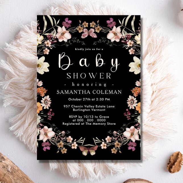 Invitación Moderno Boho Pastel Wildflower Black Baby Shower (Subido por el creador)