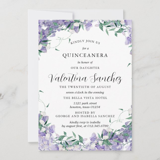 Invitación Moderno Boho Purple Elegent Floral Quinceanera (Anverso)