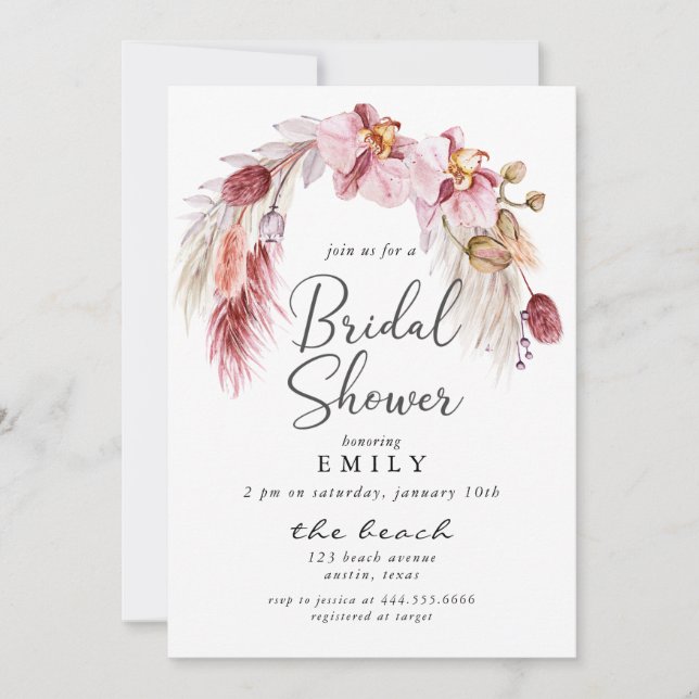 Invitación Moderno Boho Rosa Pampas Floral Bridal Shower (Anverso)