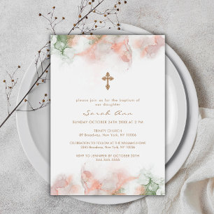 Invitación Moderno Boho Rosa Verde Agate Gold Cross Baptism