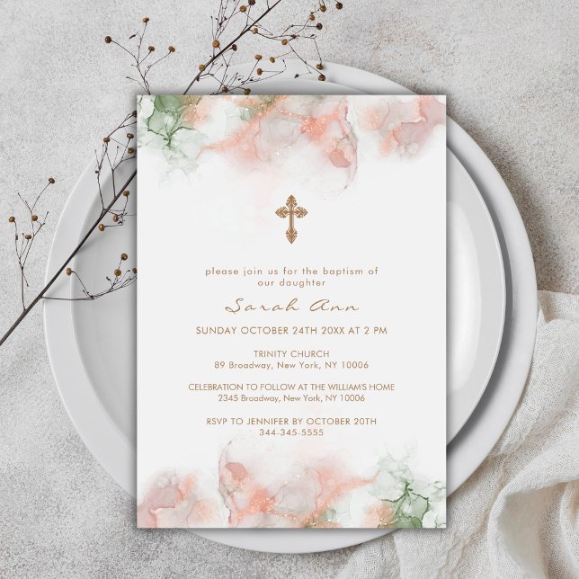 Invitación Moderno Boho Rosa Verde Agate Gold Cross Baptism (Modern Green Pink Boho Agate Gold Cross Baptism Invitation)