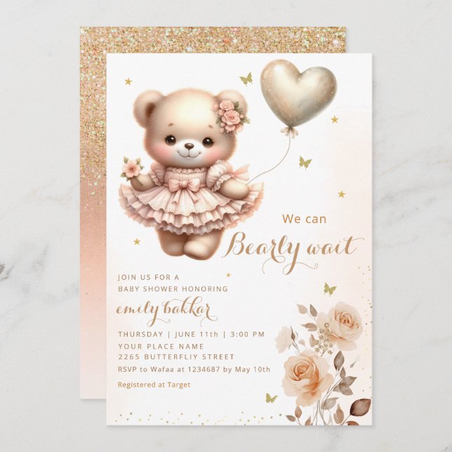 Invitación Moderno Boho Teddy Bear Balloon Chica Baby Shower (Anverso / Reverso)