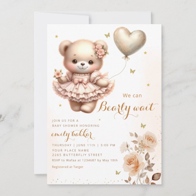 Invitación Moderno Boho Teddy Bear Balloon Chica Baby Shower (Anverso)