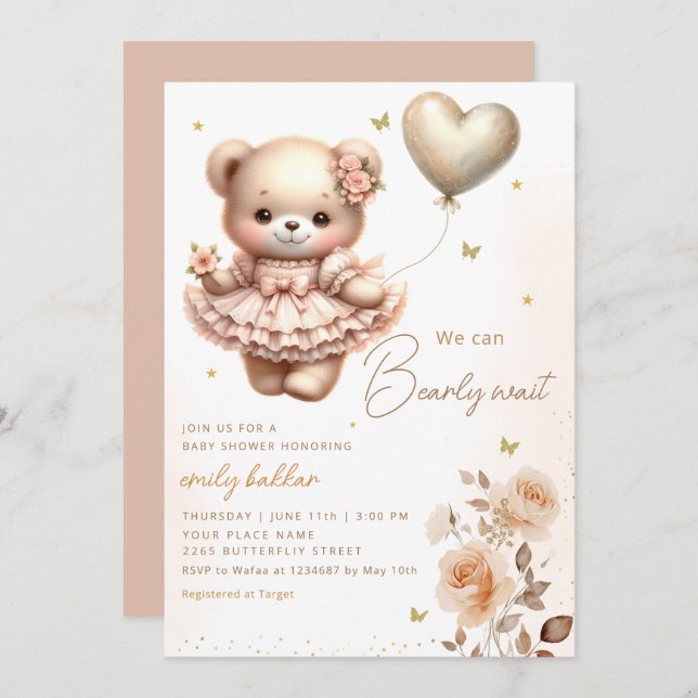 Invitación Moderno Boho Teddy Bear Balloon Chica Baby Shower (Anverso / Reverso)
