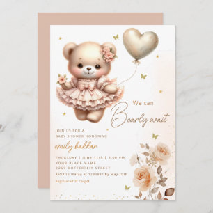 Invitación Moderno Boho Teddy Bear Balloon Chica Baby Shower