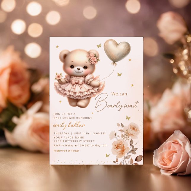 Invitación Moderno Boho Teddy Bear Balloon Chica Baby Shower (Subido por el creador)
