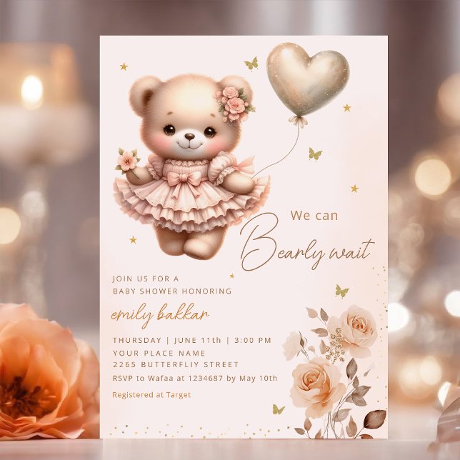 Invitación Moderno Boho Teddy Bear Balloon Chica Baby Shower (Subido por el creador)
