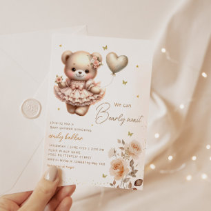 Invitación Moderno Boho Teddy Bear Balloon Chica Baby Shower