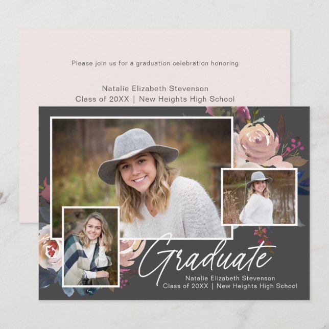 Invitación Moderno Boho Tres Fotos Fiesta de Graduación Flora (Anverso / Reverso)