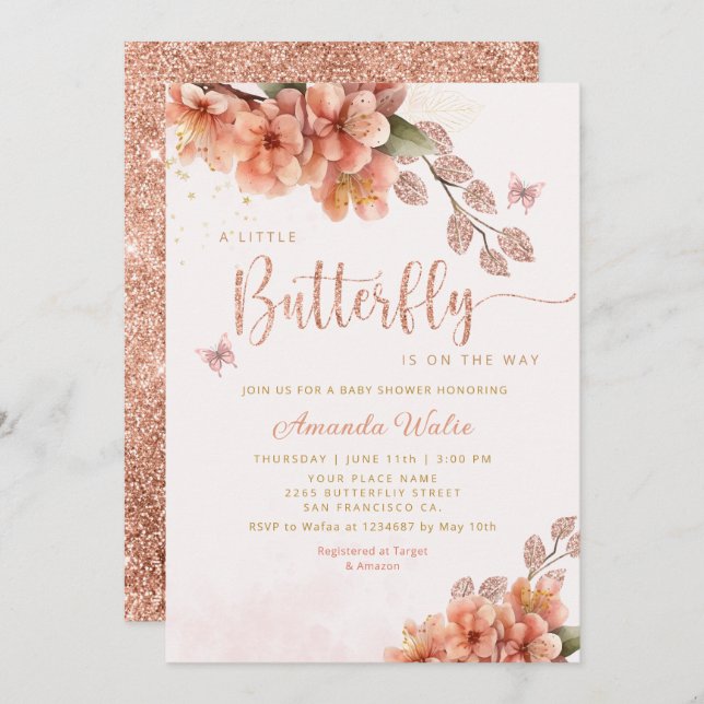 Invitación Moderno Boho Una pequeña niña mariposa Baby Shower (Anverso / Reverso)