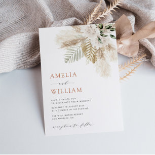 Invitación moderno boho verde pampas césped boda de código QR