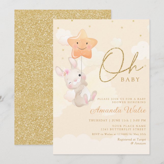 Invitación Moderno Boho Watercolor Bunny Cute Chica Baby Show (Anverso / Reverso)