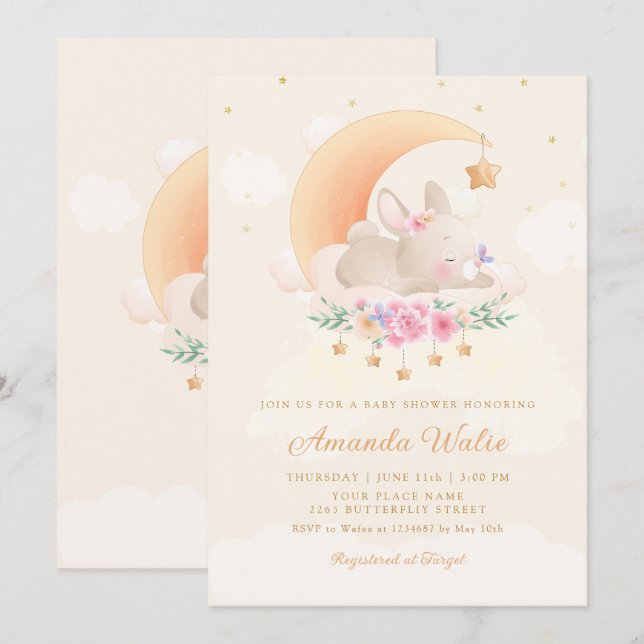 Invitación Moderno Boho Watercolor Cute Bunny Chica Baby Show (Anverso / Reverso)