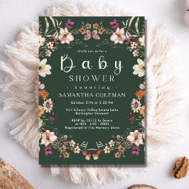 Invitación Moderno Boho Wildflower Dark Green Baby Shower